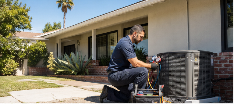 San Fernando Valley HVAC technician working beside a residential condenser