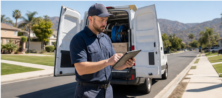 San Fernando Valley technician documenting home system work near a service van